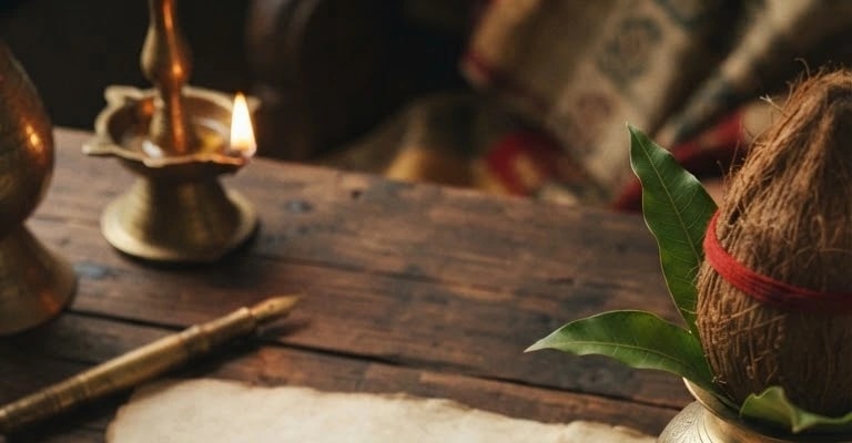 A lit brass diya on a wooden table beside a kalash topped with a coconut and mango leaves