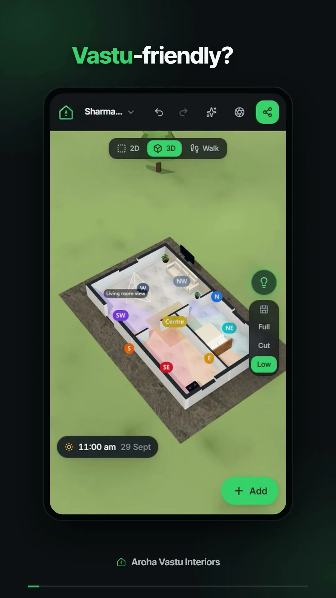 A phone screen showing a home floor plan in 3D, each zone tagged with its direction (N, NE, E, SE, S, SW, W, NW and the Centre), with 2D, 3D and Walk view buttons